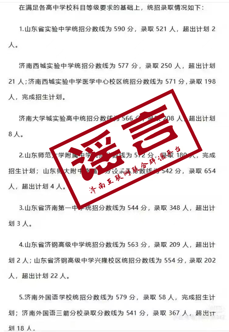 济南市教育局：对于网传“2023中考统招分数线”不实的申明